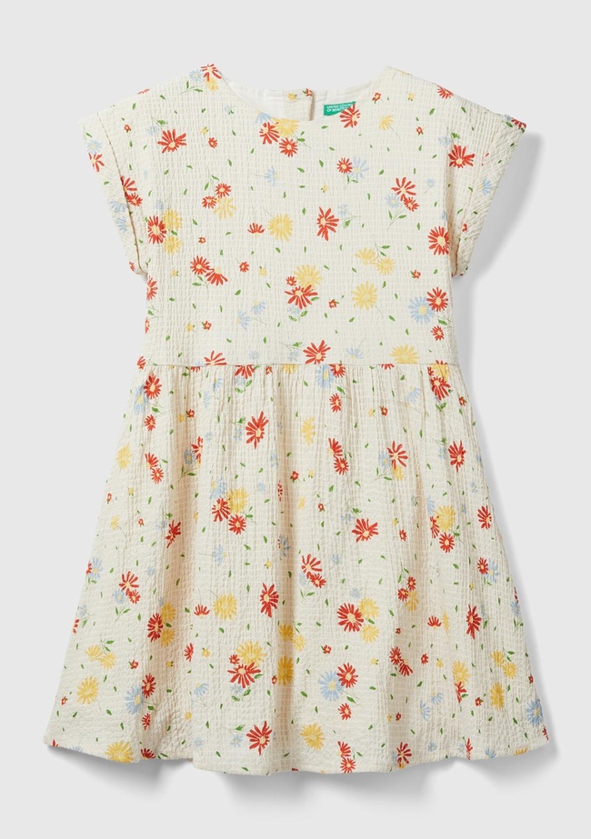  Kız Çocuk Krem Mix Arkası Düğmeli Tamamı Desenli Bisiklet Yaka Elbise