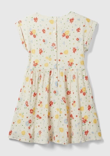  Kız Çocuk Krem Mix Arkası Düğmeli Tamamı Desenli Bisiklet Yaka Elbise
