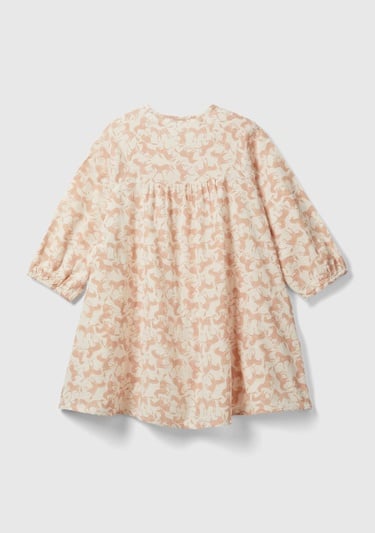  Kız Çocuk Açık Pembe Tamamı Desenli Önü Düğmeli Uzun Kollu Elbise