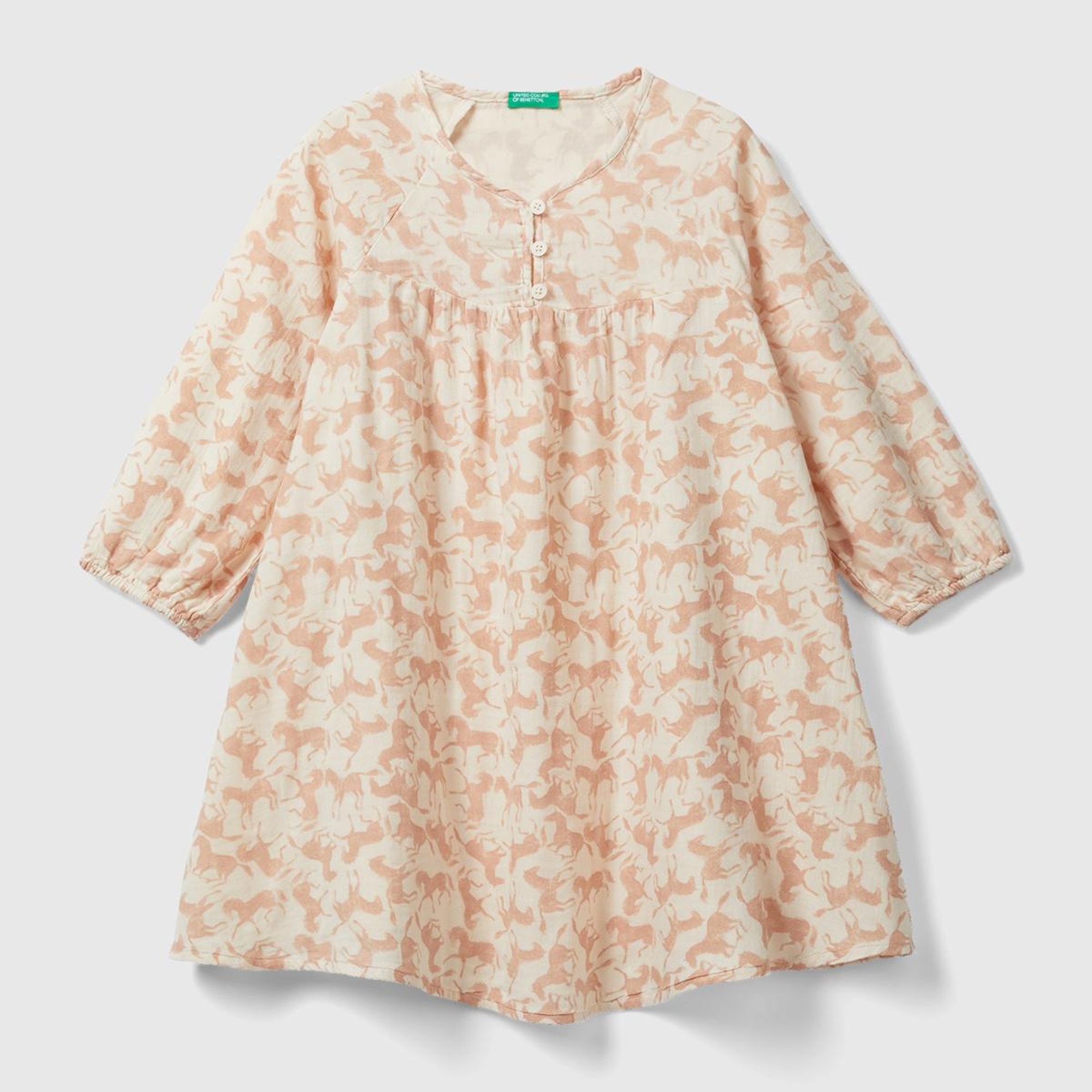 Kız Çocuk Açık Pembe Tamamı Desenli Önü Düğmeli Uzun Kollu Elbise