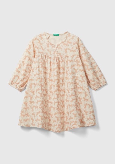  Kız Çocuk Açık Pembe Tamamı Desenli Önü Düğmeli Uzun Kollu Elbise