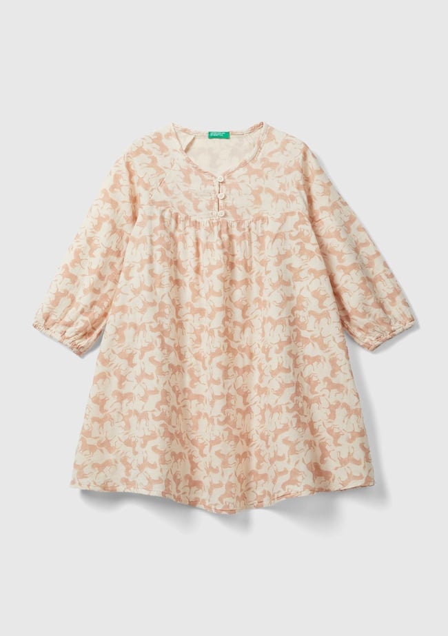  Kız Çocuk Açık Pembe Tamamı Desenli Önü Düğmeli Uzun Kollu Elbise