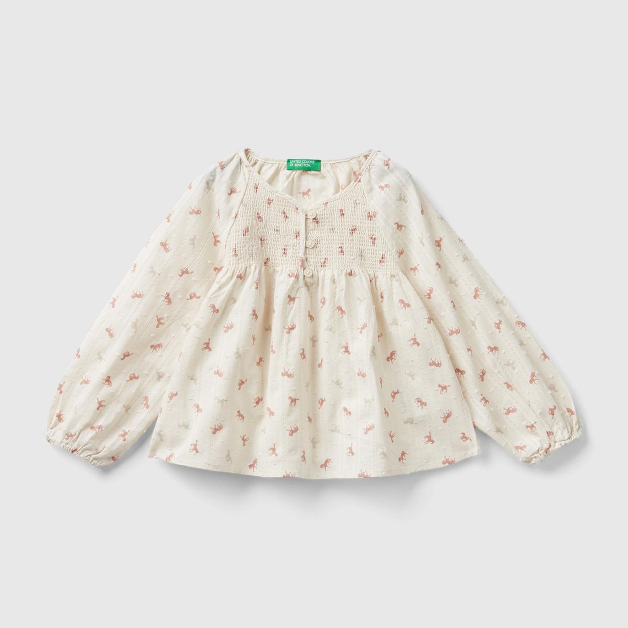 Kız Çocuk Krem Mix Tamamı Desenli Önü Düğmeli Rahat Kesim Bluz