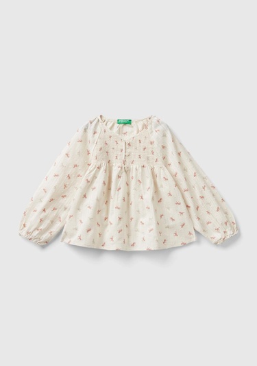  Kız Çocuk Krem Mix Tamamı Desenli Önü Düğmeli Rahat Kesim Bluz