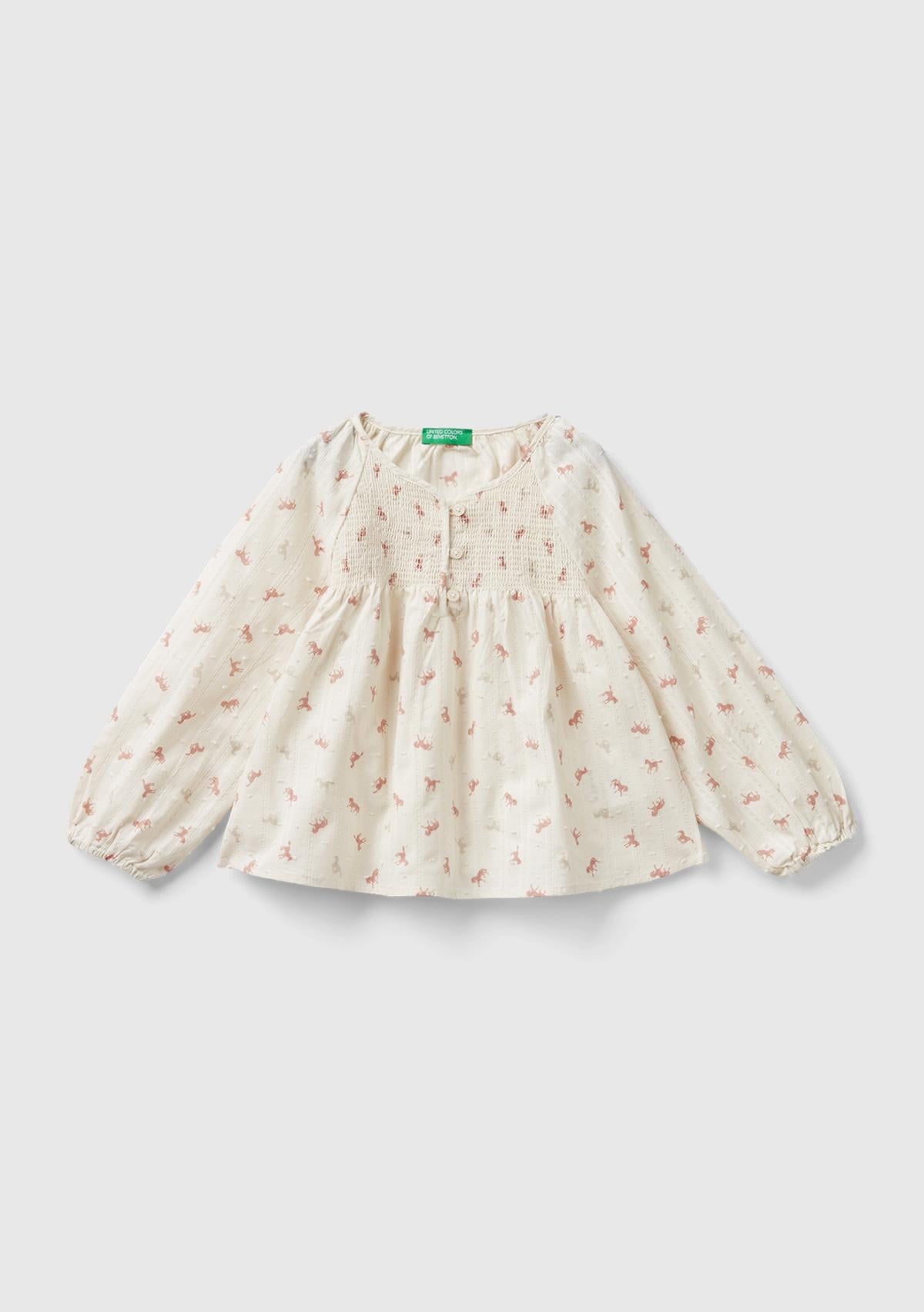  Kız Çocuk Krem Mix Tamamı Desenli Önü Düğmeli Rahat Kesim Bluz