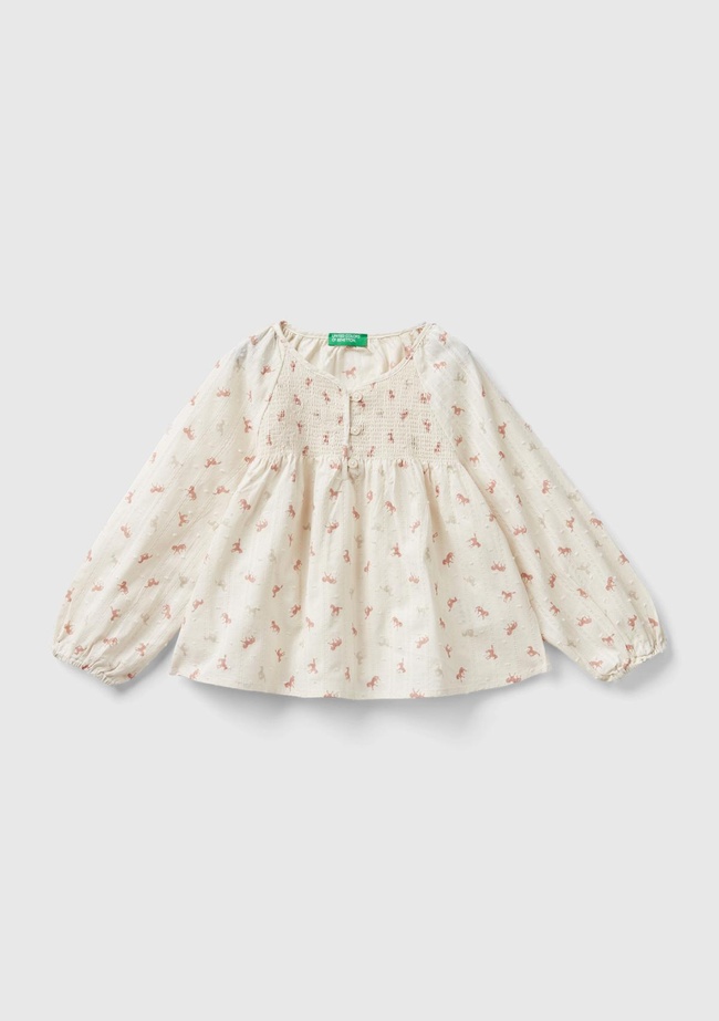  Kız Çocuk Krem Mix Tamamı Desenli Önü Düğmeli Rahat Kesim Bluz