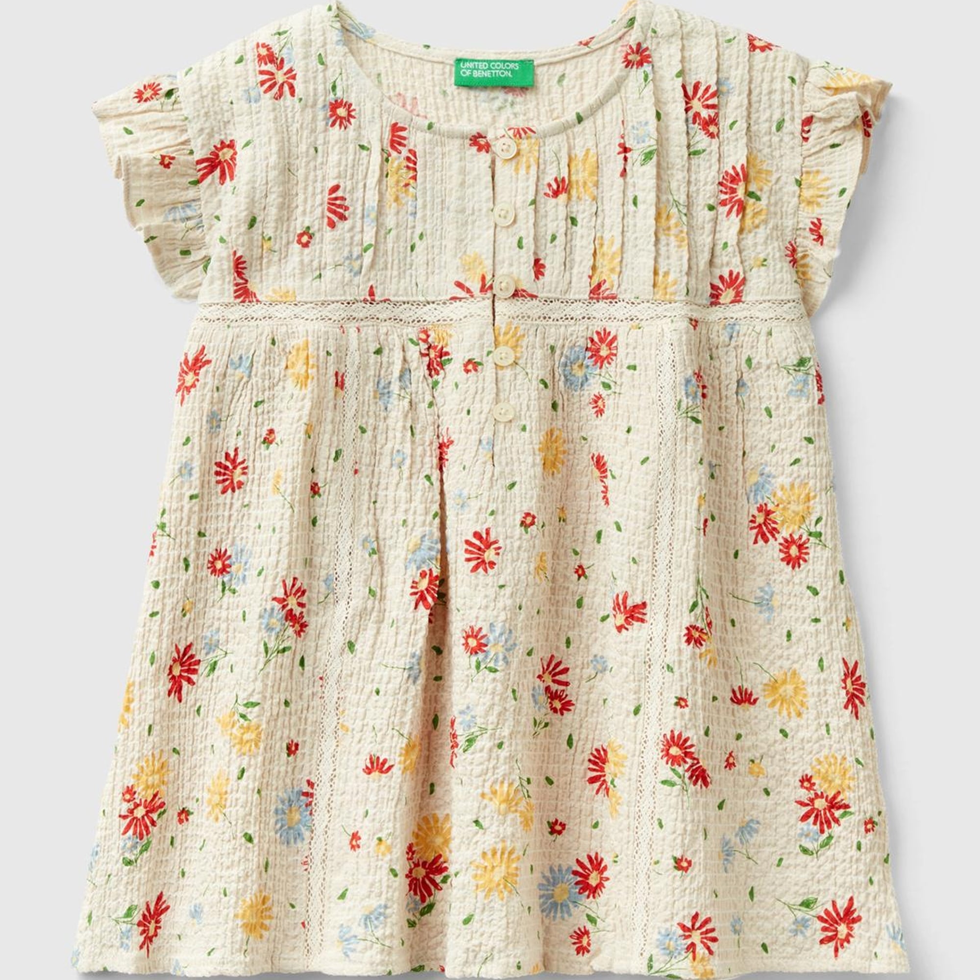 Kız Çocuk Krem Mix Önü Düğme Kapamalı Tamamı Desenli Bluz