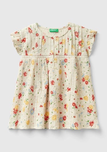  Kız Çocuk Krem Mix Önü Düğme Kapamalı Tamamı Desenli Bluz