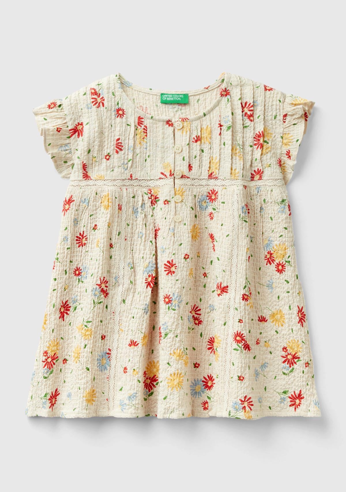  Kız Çocuk Krem Mix Önü Düğme Kapamalı Tamamı Desenli Bluz