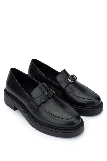  Tamer Tanca Kadın Hakiki Deri Siyah Deri Loafer Ayakkabı