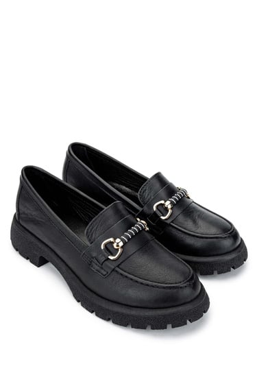  Tamer Tanca Kadın Hakiki Deri Siyah Deri Loafer Ayakkabı