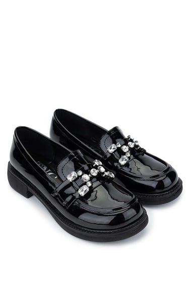  Tamer Tanca Kadın Hakiki Deri Siyah Rugan Loafer Ayakkabı