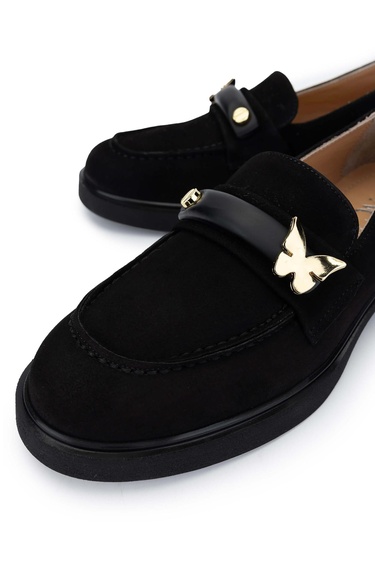  Tamer Tanca Kadın Hakiki Deri Siyah Süet Loafer Ayakkabı