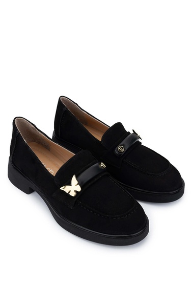  Tamer Tanca Kadın Hakiki Deri Siyah Süet Loafer Ayakkabı