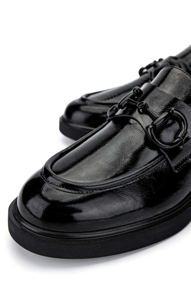  Tamer Tanca Kadın Hakiki Deri Siyah Rugan Loafer Ayakkabı