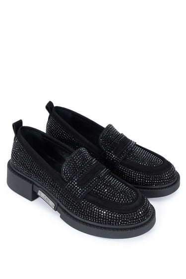  Tamer Tanca Kadın Hakiki Deri Siyah Süet Loafer Ayakkabı