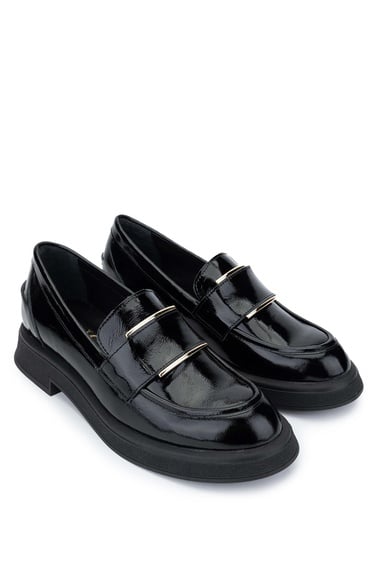  Tamer Tanca Kadın Hakiki Deri Siyah Rugan Loafer Ayakkabı