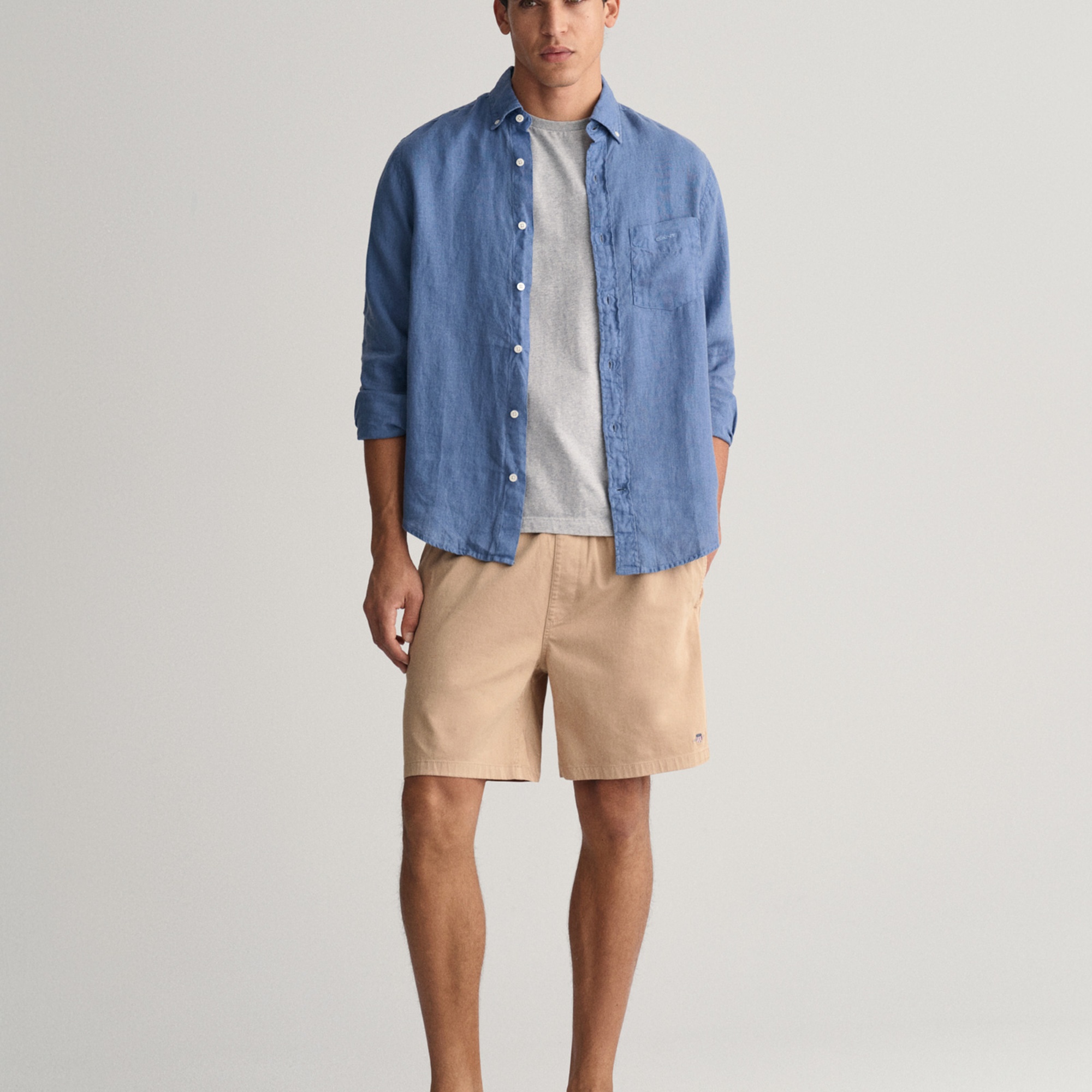 GANT Erkek Mavi Regular Fit Düğmeli Yaka Keten Gömlek