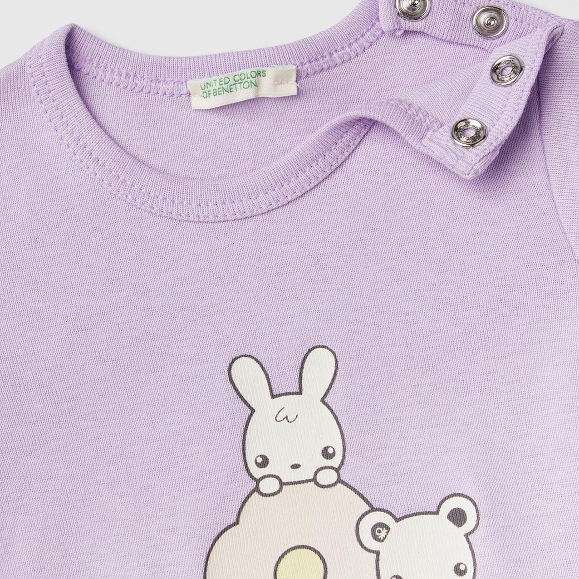 Bebek Lila Önü Grafik Baskılı Omzu Çıtçıtlı Bisiklet Yaka T-Shirt