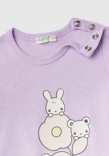  Bebek Lila Önü Grafik Baskılı Omzu Çıtçıtlı Bisiklet Yaka T-Shirt