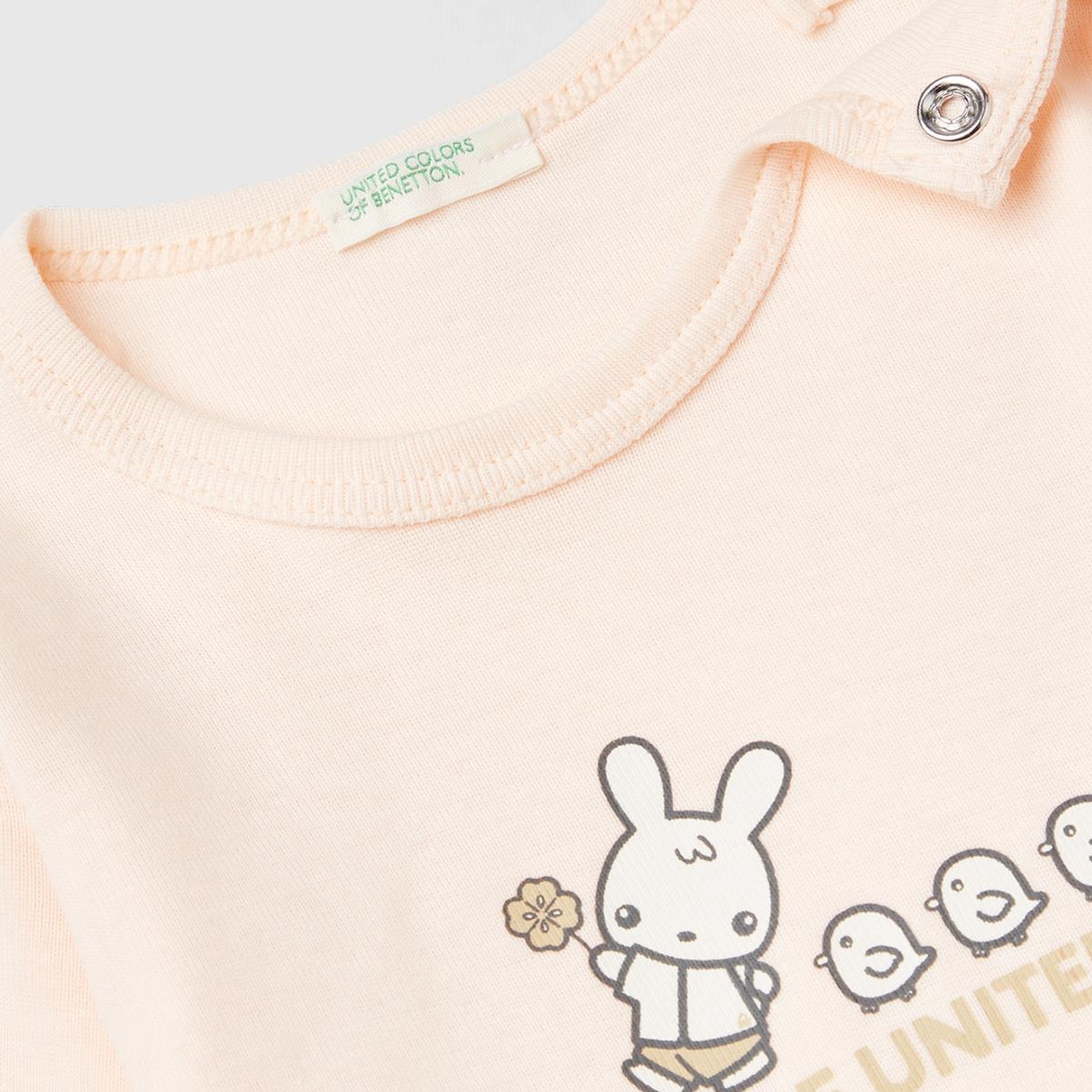 Bebek Pudra Grafik Baskılı Omzu Çıtçıtlı Bisiklet Yaka Uzun Kollu T-Shirt