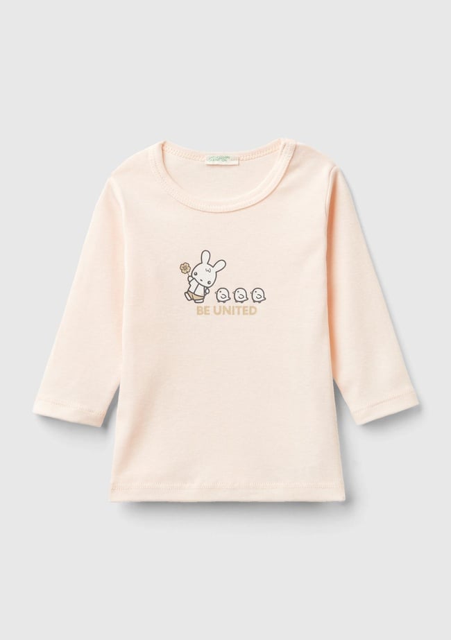  Bebek Pudra Grafik Baskılı Omzu Çıtçıtlı Bisiklet Yaka Uzun Kollu T-Shirt