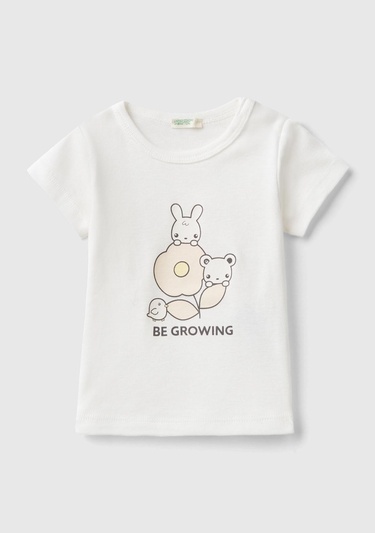  Bebek Krem Önü Grafik Baskılı Omzu Çıtçıtlı Bisiklet Yaka T-Shirt