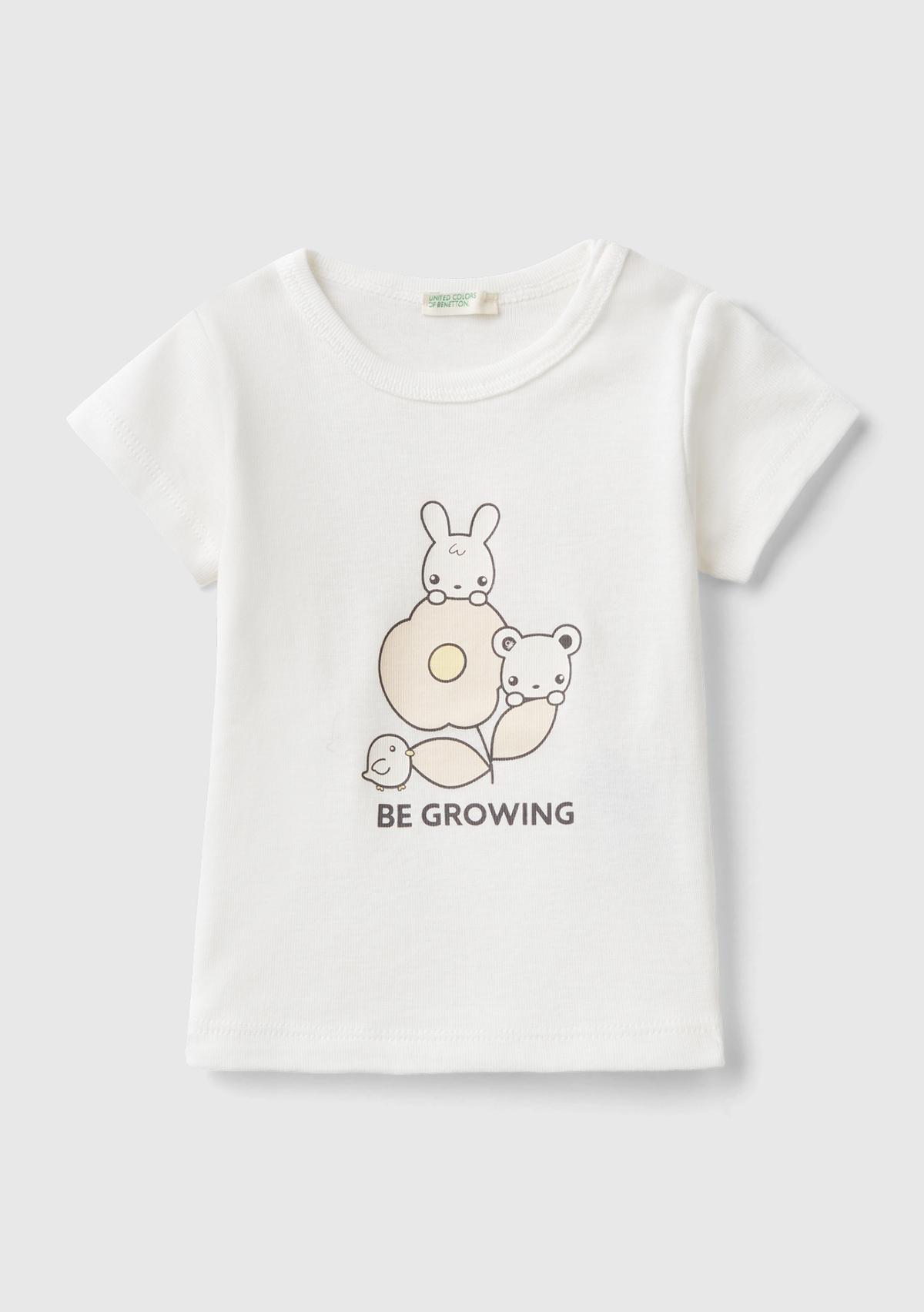  Bebek Krem Önü Grafik Baskılı Omzu Çıtçıtlı Bisiklet Yaka T-Shirt