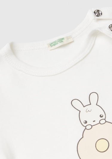  Bebek Krem Önü Grafik Baskılı Omzu Çıtçıtlı Bisiklet Yaka T-Shirt