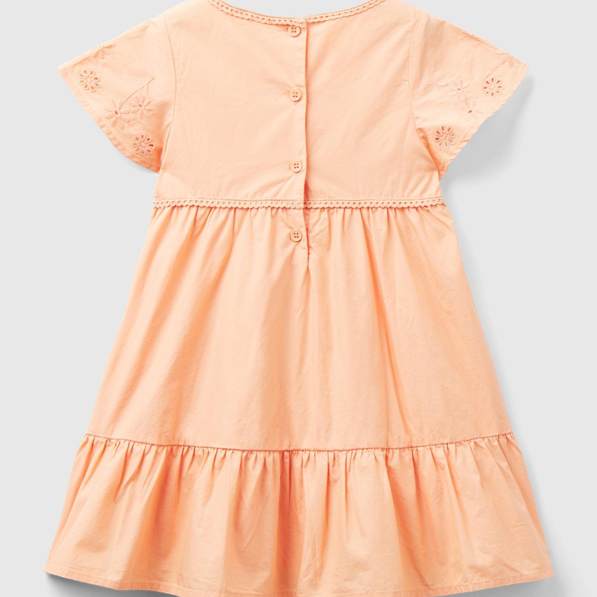 Kız Çocuk Şeftali Kolları Çiçek Motifli Arkası Düğmeli Bisiklet Yaka Elbise