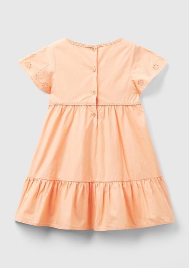  Kız Çocuk Şeftali Kolları Çiçek Motifli Arkası Düğmeli Bisiklet Yaka Elbise