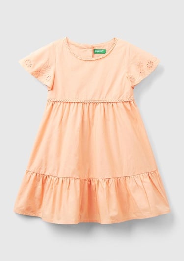  Kız Çocuk Şeftali Kolları Çiçek Motifli Arkası Düğmeli Bisiklet Yaka Elbise