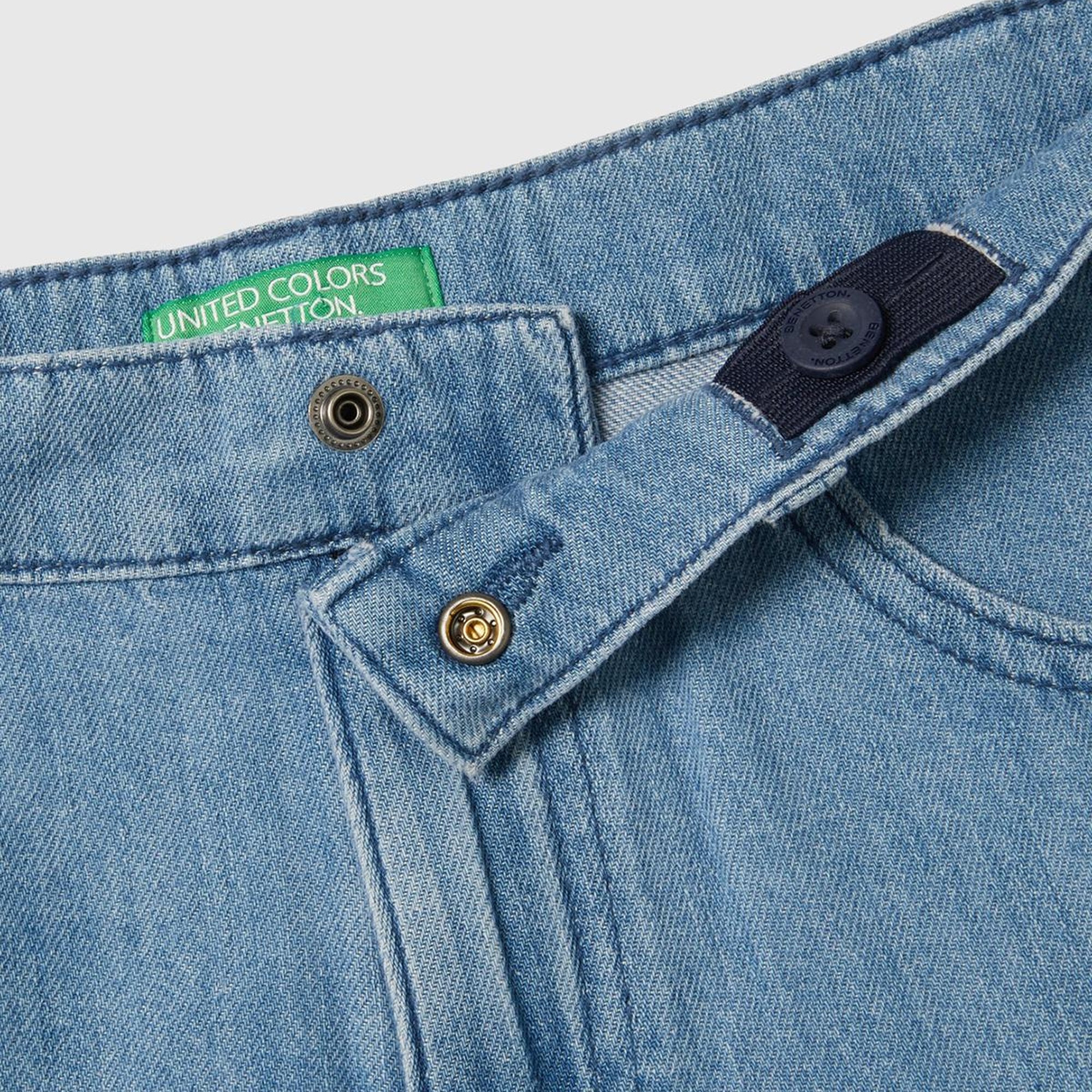 Kız Çocuk Mavi Kemer Delikli Biye Cep Detaylı Mini Kloş Etek