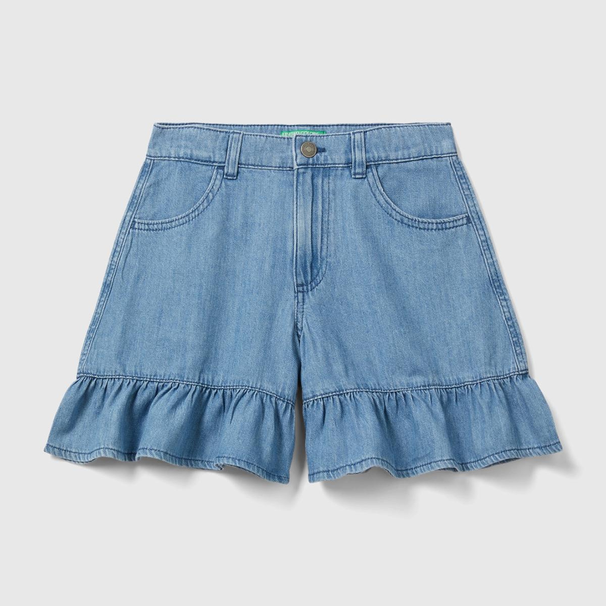 Kız Çocuk Mavi Kemer Delikli Biye Cep Detaylı Mini Kloş Etek