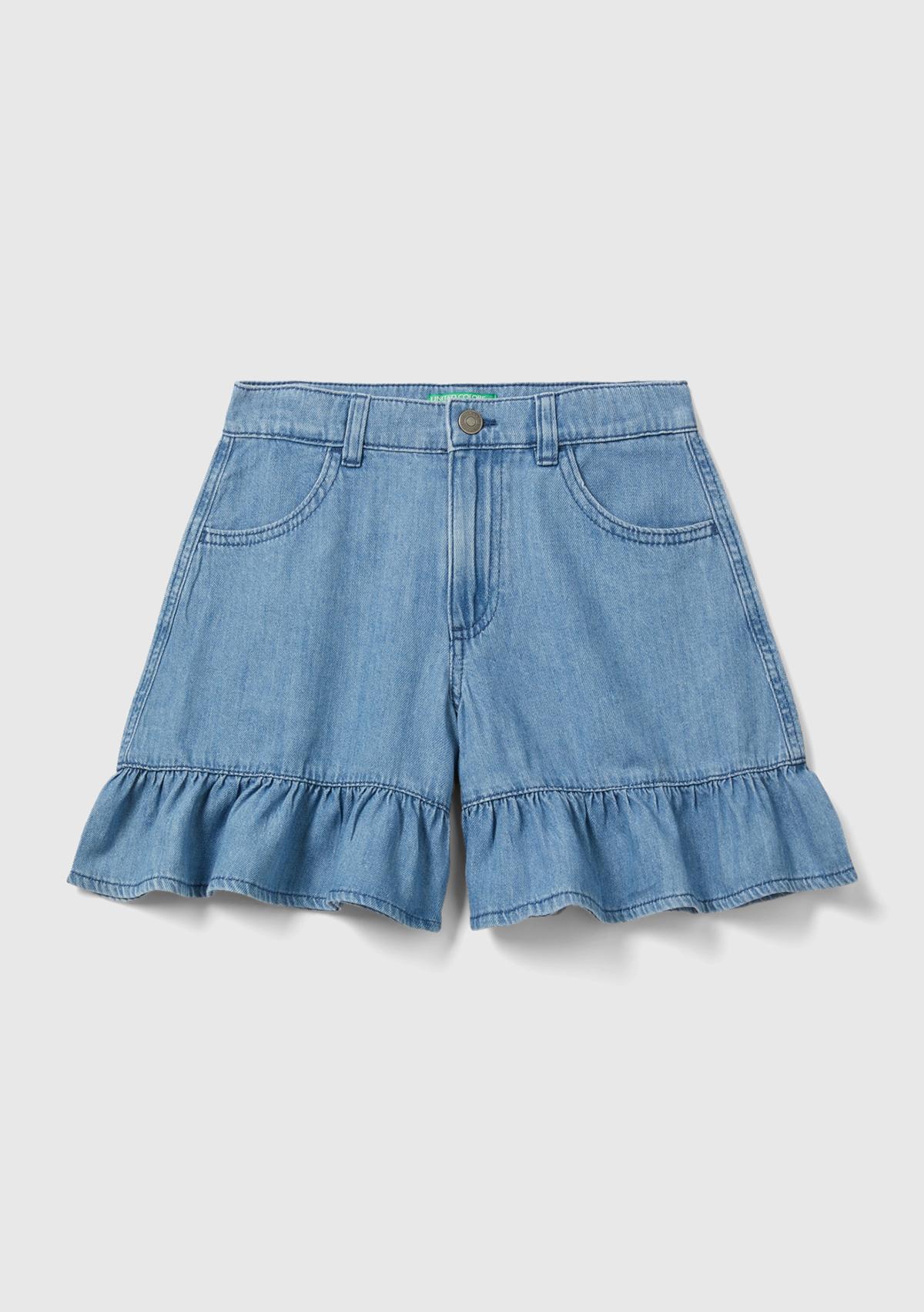  Kız Çocuk Mavi Kemer Delikli Biye Cep Detaylı Mini Kloş Etek