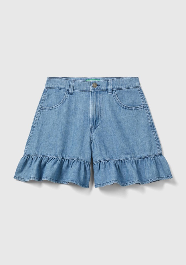  Kız Çocuk Mavi Kemer Delikli Biye Cep Detaylı Mini Kloş Etek