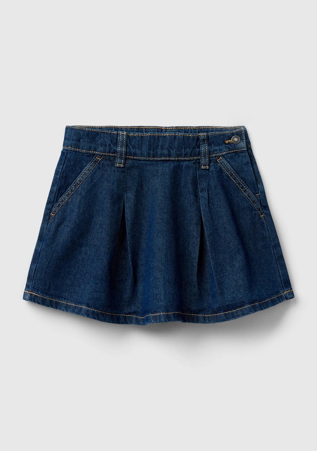  Kız Çocuk Lacivert Kemer Delikli Pileli Mini Denim Etek