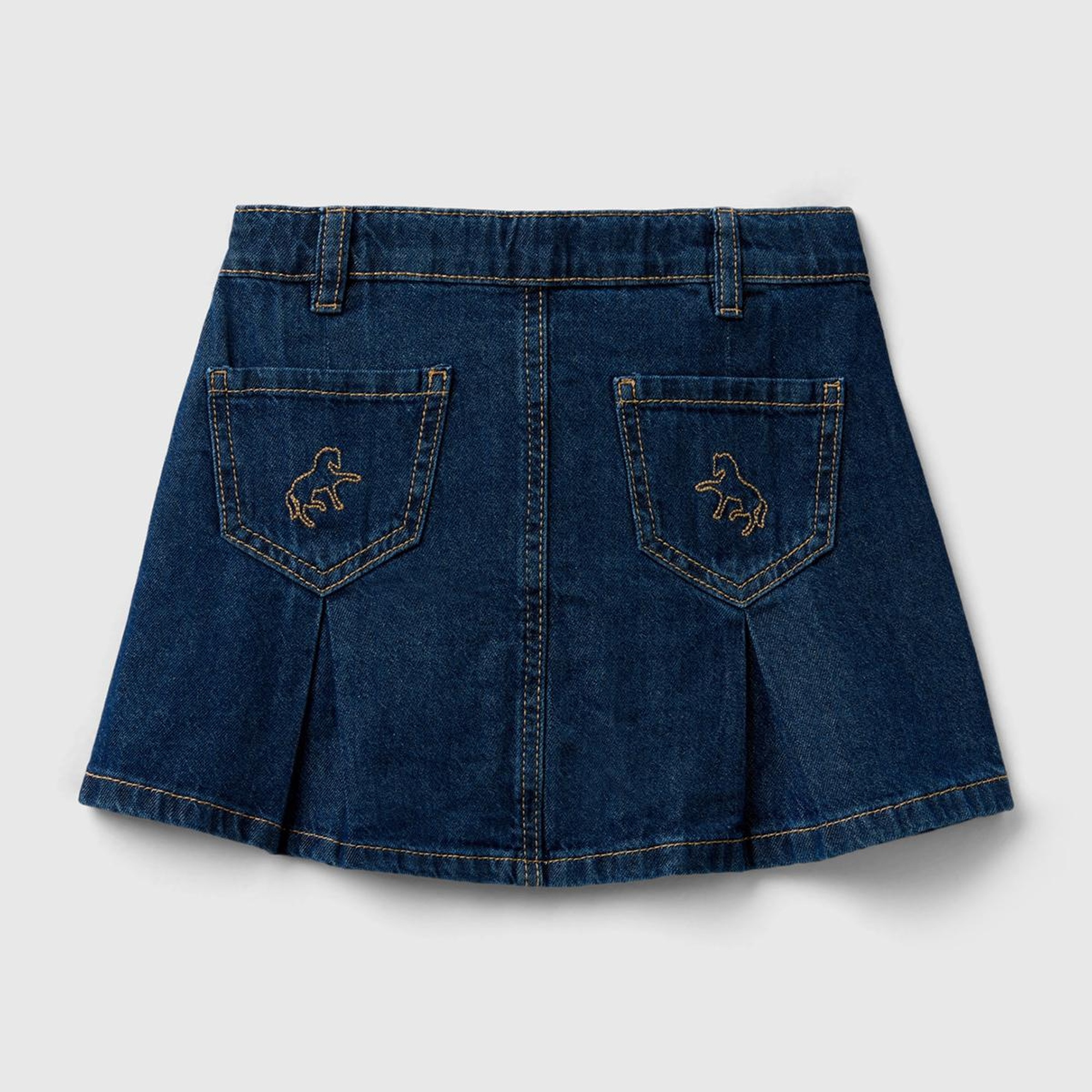 Kız Çocuk Lacivert Kemer Delikli Pileli Mini Denim Etek