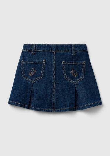  Kız Çocuk Lacivert Kemer Delikli Pileli Mini Denim Etek