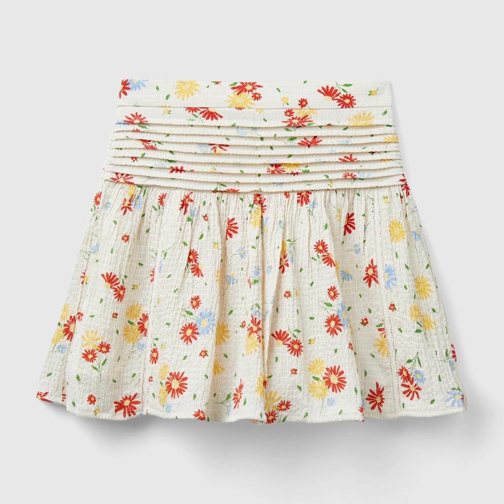 Kız Çocuk Krem Mix Yandan Fermuarlı Tamamı Desenli Mini Kloş Etek