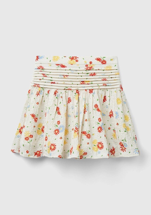  Kız Çocuk Krem Mix Yandan Fermuarlı Tamamı Desenli Mini Kloş Etek