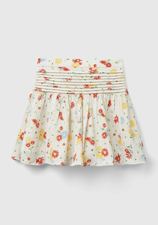  Kız Çocuk Krem Mix Yandan Fermuarlı Tamamı Desenli Mini Kloş Etek