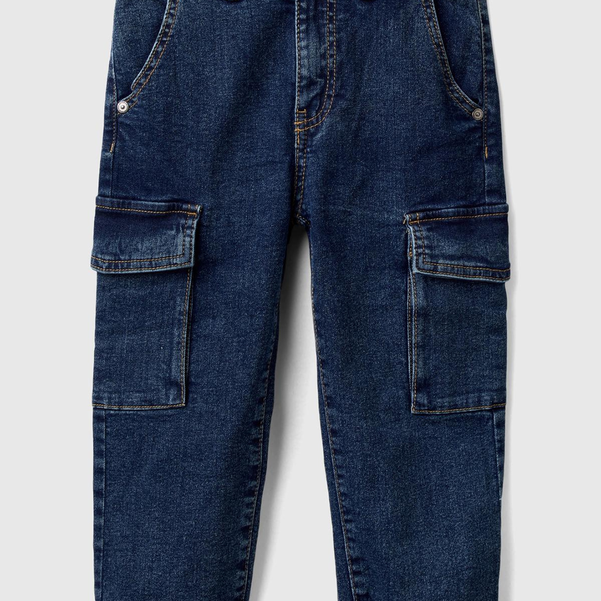 Erkek Çocuk Lacivert Yama Cepli Kemer Delikli Slim Fit Denim Kargo Pantolon