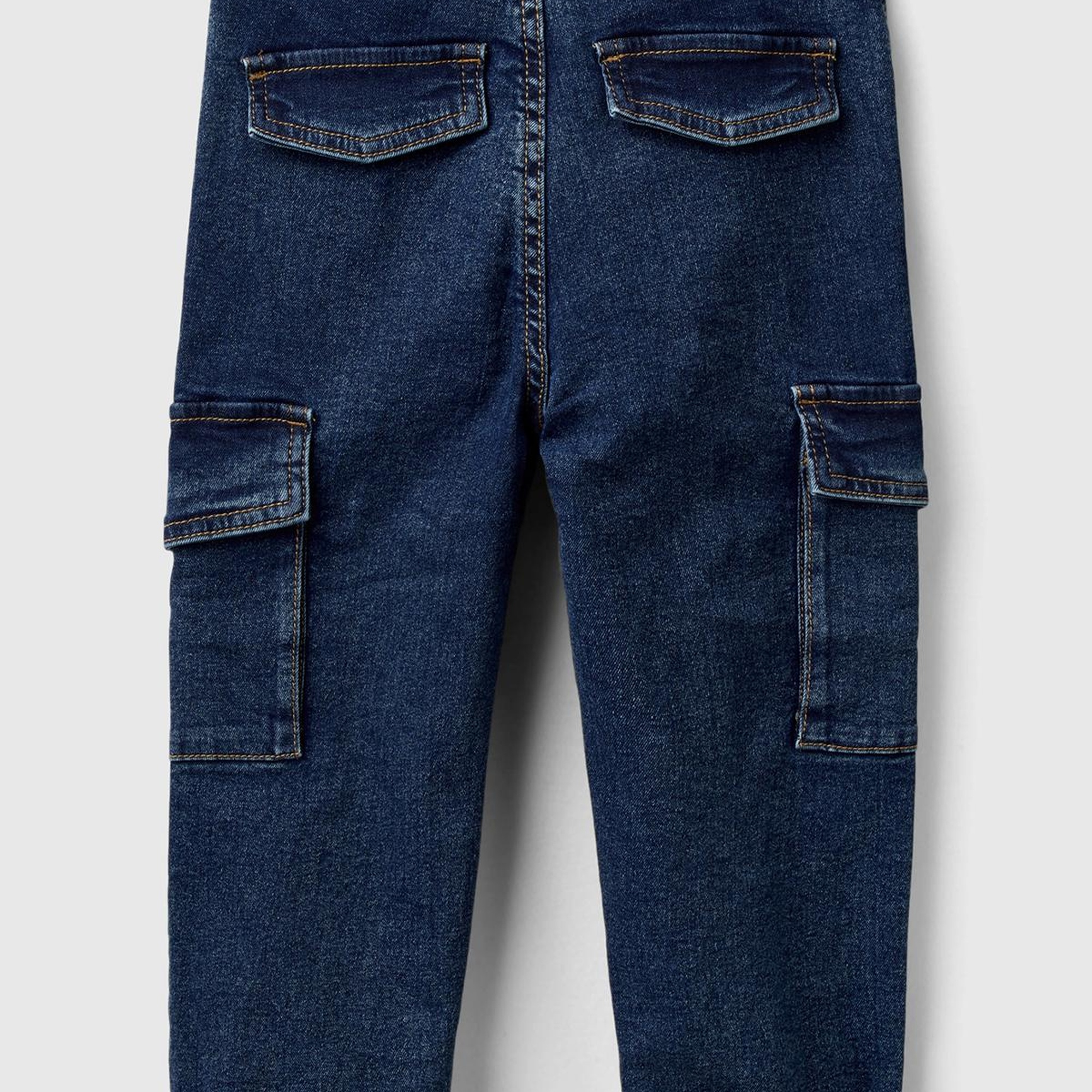 Erkek Çocuk Lacivert Yama Cepli Kemer Delikli Slim Fit Denim Kargo Pantolon