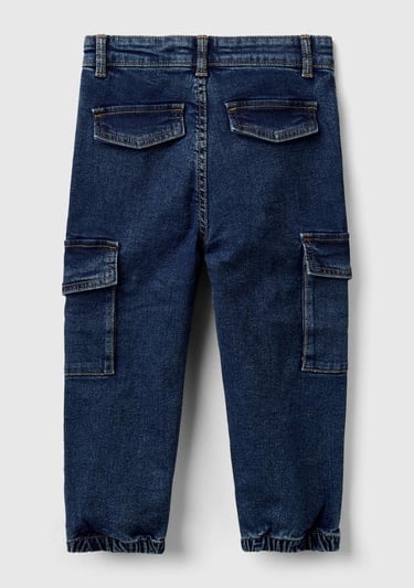  Erkek Çocuk Lacivert Yama Cepli Kemer Delikli Slim Fit Denim Kargo Pantolon