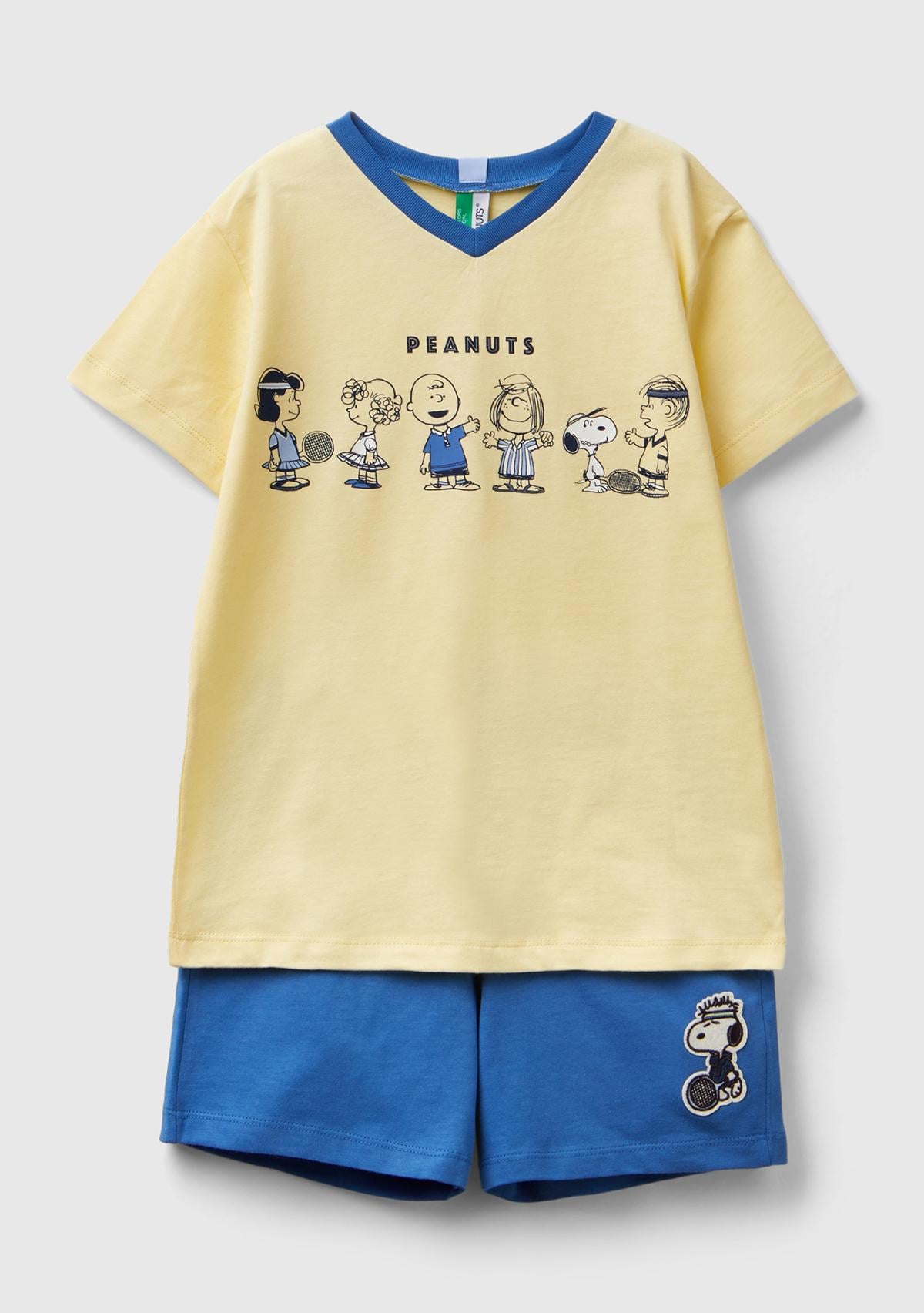  Erkek Çocuk Sarı Mix Peanuts Baskılı V Yaka Pijama Takımı