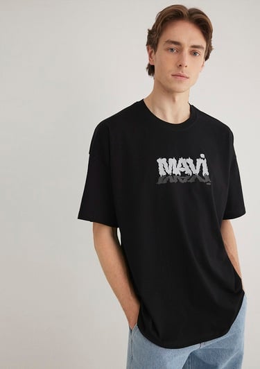  Mavi Mavi Logo Baskılı Siyah Tişört Oversize / Geniş Kesim 0611828-900