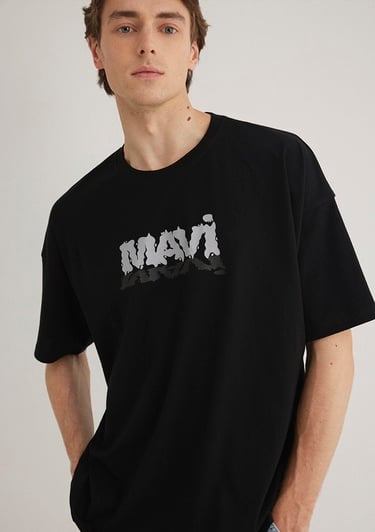  Mavi Mavi Logo Baskılı Siyah Tişört Oversize / Geniş Kesim 0611828-900