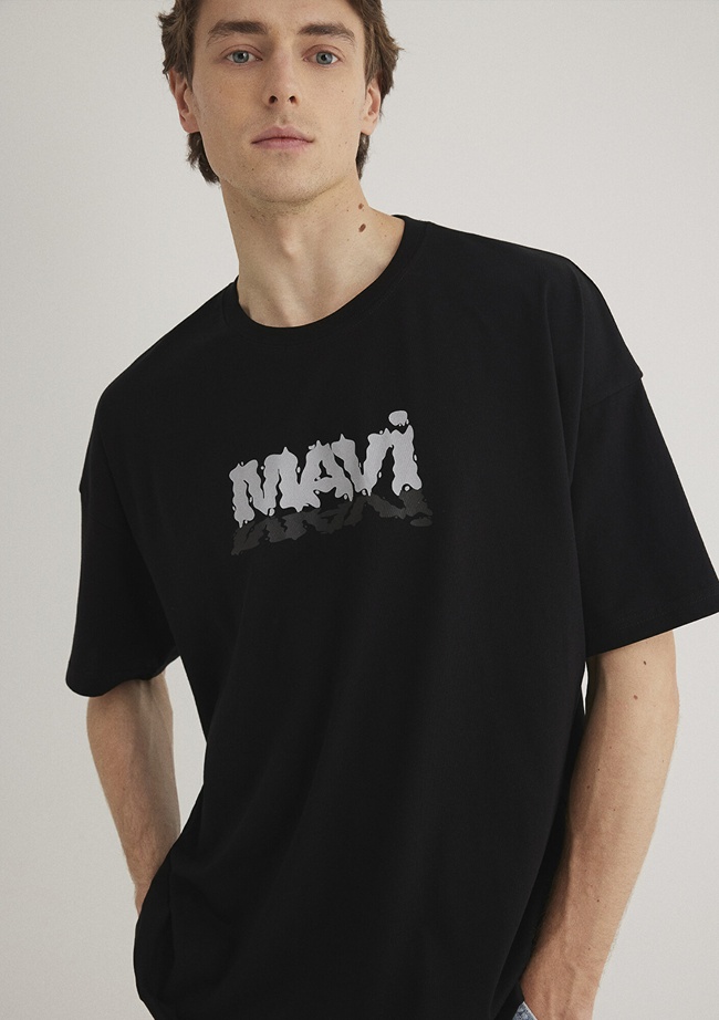  Mavi Mavi Logo Baskılı Siyah Tişört Oversize / Geniş Kesim 0611828-900