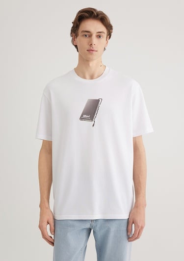  Mavi Baskılı Beyaz Tişört Loose Fit / Bol Rahat Kesim 0612483-620